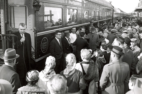  John Diefenbaker speaking from an election train 