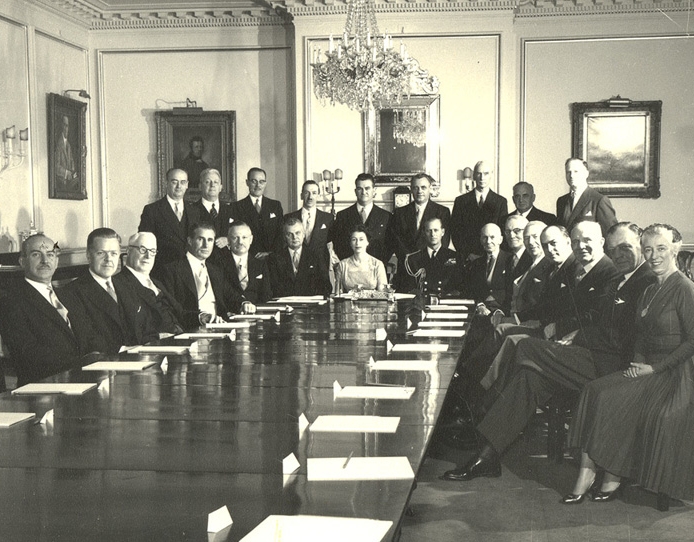 John Diefenbaker, Vincent Massey and the Cabinet with Queen Elizabeth II and Prince Philip