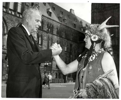 John Diefenbaker and a chief at the Parliament Buildings