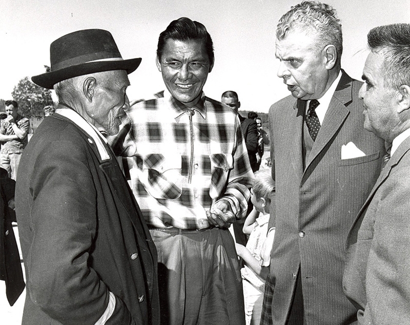 John Diefenbaker with Chief Brono, Chief Joe Sangris and the Mayor of Yellowknife, North West Territories