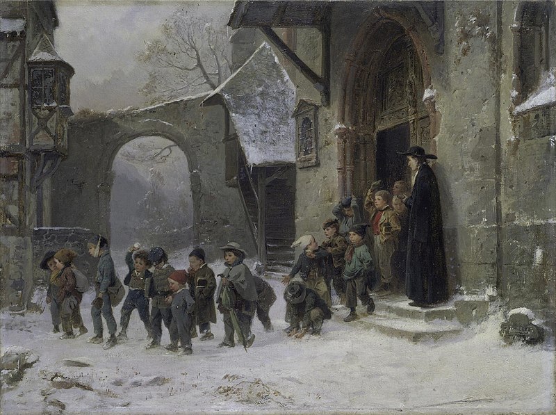 children leaving school oil painting