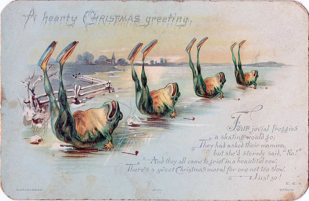 Victorian card frogs on ice